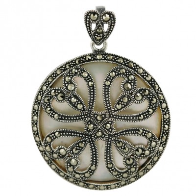 Marcasite Pendant 38X38mm White Mother of Pearl Round with 4 Marcasite Open Heart