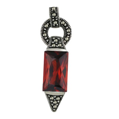Marcasite Pendant 10X8mm Garnet Cubic Zirconia Rectangular with Marcasite Triangle Top+Botto