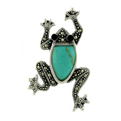 Marcasite Pendant Frog with Faux Turquoise+Garnet Cubic Zirconia Eyes