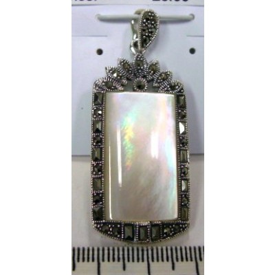 Marcasite Pendant 28X15mm Rectangular White Mother of Pearl with 7 Marquis Top+Re