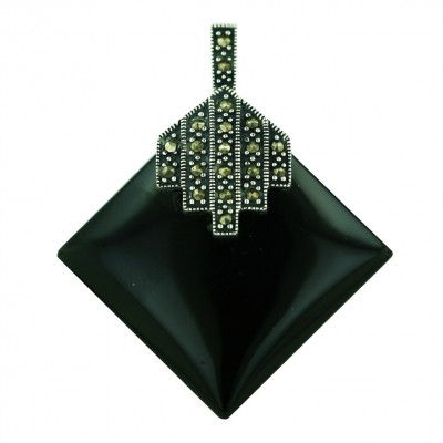 Marcasite Pendant 30X30mm Square Onyx with 5 Marcasite Lines