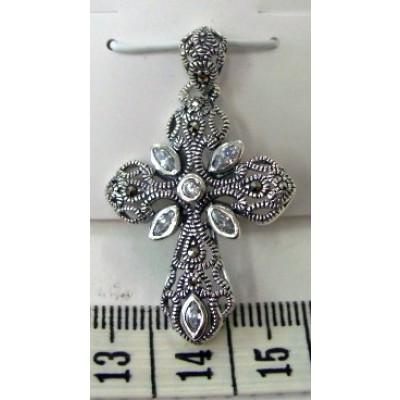 Marcasite Pendant Clear Cubic Zirconia Marquis+Clear Cubic Zirconia Bezel Cross