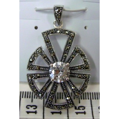 Marcasite Pendant 8mm Round Clear Cubic Zirconia Open Triangle Wheel