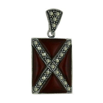 Marcasite Pendant 20X15mm Rectangular Carnelien with Marcasite 'X'
