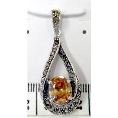 Marcasite Pendant Oval Champagne Cubic Zirconia Open Tear Drop