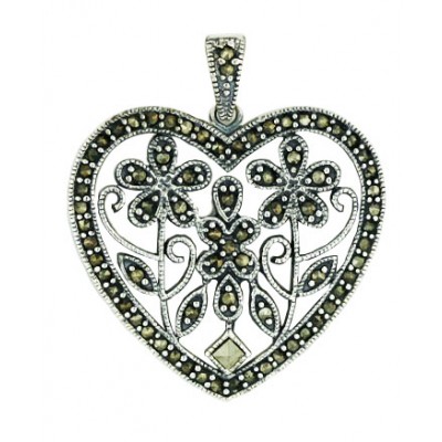 Marcasite Pendant Flowery Motif Open Heart (with 1Pcs Square Cut Marcasite