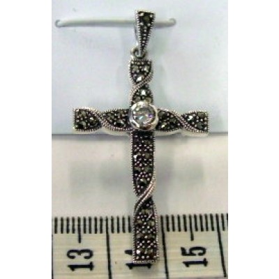 Marcasite Pendant Twisted Cross with Clear Cubic Zirconia Bezel