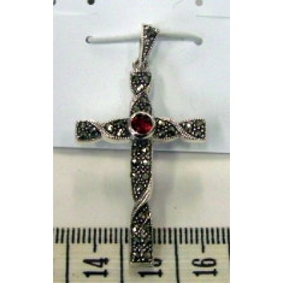 Marcasite Pendant Twisted Cross with Garnet Cubic Zirconia Bezel