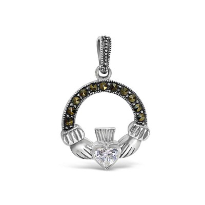 Marcasite Pendant Circle with 1 Pair Hand Holding Clear Cubic Zirconia Heart