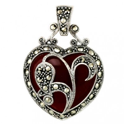 Marcasite Pendant Open Marcasite Tear Drop Leaf Heart with Carnelien Bac