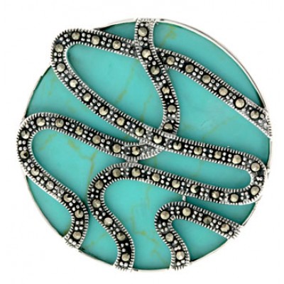 Marcasite Pendant 38mm Round Faux Turquoise with 3 Marcasite Wavy Lines
