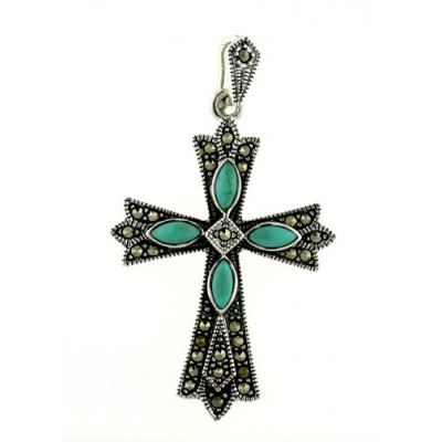 Marcasite Pendant Cross with 4 Faux Turquoise Marquis