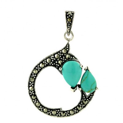 Marcasite Pendant Forming Circle with 2 Faux Turquoise Tear Drop