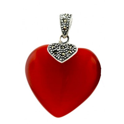 Marcasite Pendant (W=34mm) Dark Red Cat's Eyes with Marcasite Heart