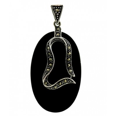Marcasite Pendant 37X23mm Cabochon Oval Onyx with Marcasite Open Asid
