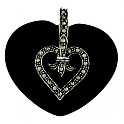 Marcasite Pendant (W=37mm) Cabochon Onyx Heart with Marcasite Open F-