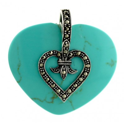 Marcasite Pendant (W=37mm) Cabochon Faux Turquoise Heart with Marcasite Open