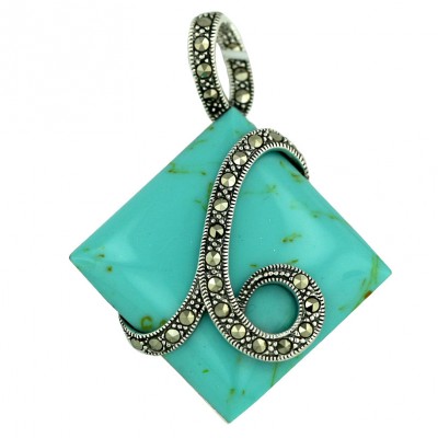 Marcasite Pendant 26X26mm Square Cabochon Faux Turquoise with Marcasite Swirl L