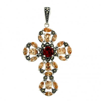 Marcasite Pendant Clear Cubic Zirconia Marquis+Oval+Round Garnet Cubic Zirconia (Ctr) Cross