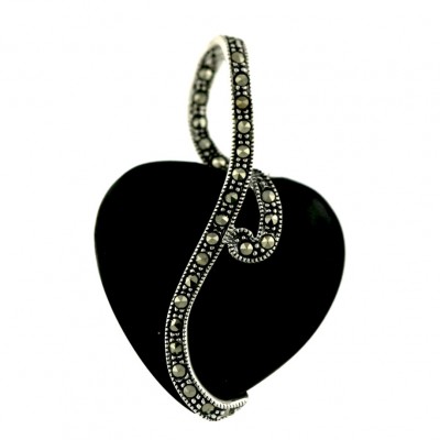Marcasite Pendant (W=25mm) Cabochon Onyx Heart with Bypass Marcasite