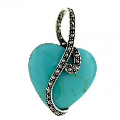 Marcasite Pendant (W=25mm) Cabochon Faux Turquoise Heart with Bypass