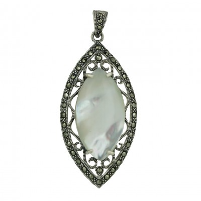 Marcasite Pendant 30X16mm Marquis White Mother of Pearl with Filigree Side