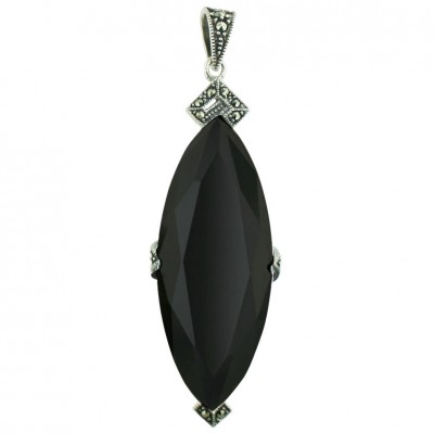 Marcasite Pendant 44X17mm Marquis Black Cubic Zirconia+Open Back