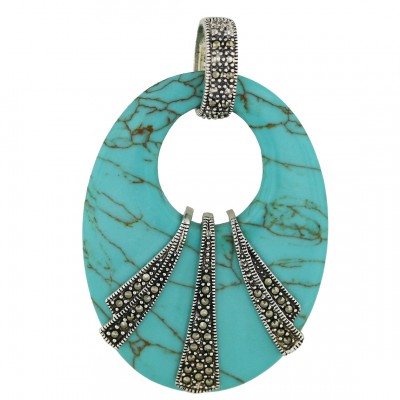 Marcasite Pendant Big Open Egg Shape Faux Turquoise with 3 Marcasite Lines