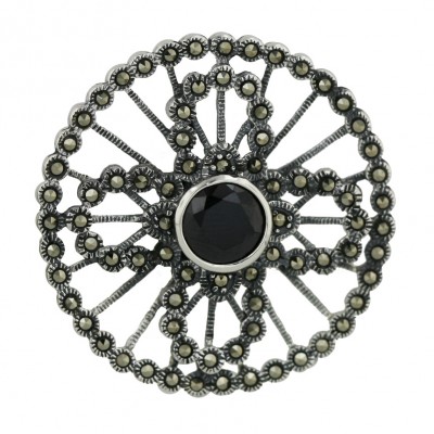 Marcasite Pendant 38mm Marcasite Circle+10mm Black Cubic Zirconia Bezel Open Butt