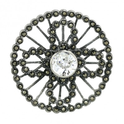Marcasite Pendant 38mm Marcasite Circle+10mm Clear Cubic Zirconia Bezel Open Butt