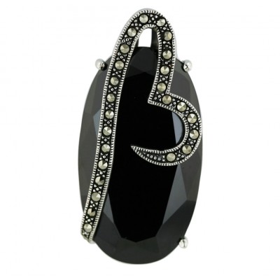 Marcasite Pendant 39X22mm Oval Black Cubic Zirconia+Marcasite Aside Heart