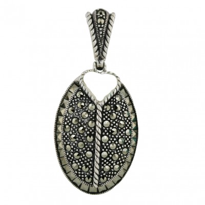 Marcasite Pendant 30X20mm Oval+Square Cut Marcasite+Open Heart