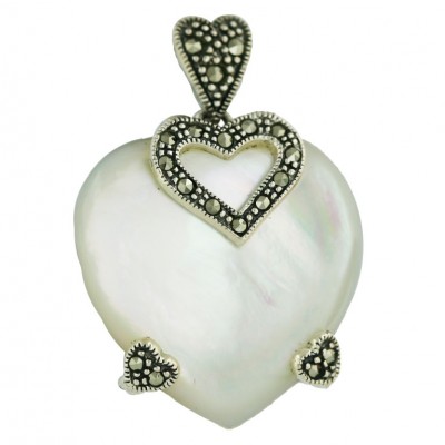 Marcasite Pendant (W=24mm) White Mother of Pearl Heart+Open Marcasite Heart+2 H