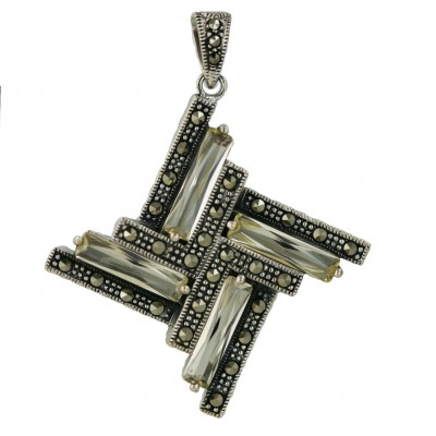 Marcasite Pendant 4 Sided 3 Row Marcasite+Canary Yellow Cubic Zirconia Baguette