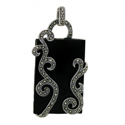 Marcasite Pendant 36X25mm Rectangular Onyx+Marcasite Swirl