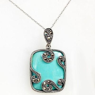 Marcasite Pendant Outer 29X24mm Open Scroll Rectangular with Faux Turquoise