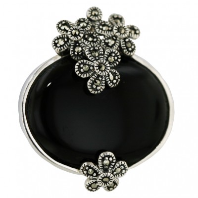 Marcasite Pendant 30X25mm Oval Cabochon Onyx with 4 Marcasite Flower