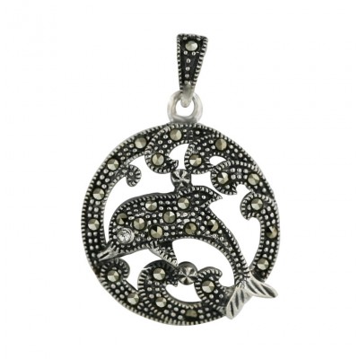 Marcasite Pendant Dolphin Around Scroll Circle with Clear Cubic Zirconia Eye