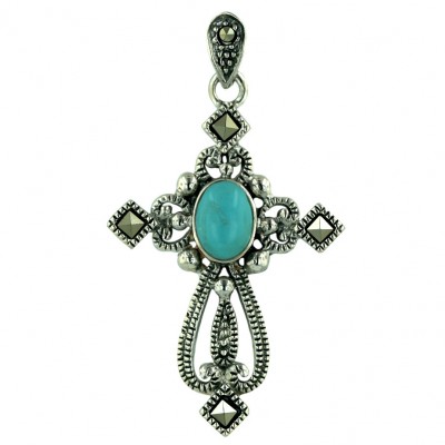 Marcasite Pendant Open Cross with Oval Cabochon Faux Turquoise+4 Square