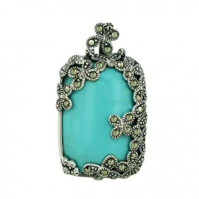 Marcasite Pendant 26.5mmx19.5mm Rectangular Faux Turquoise with Marcasite Butterfli
