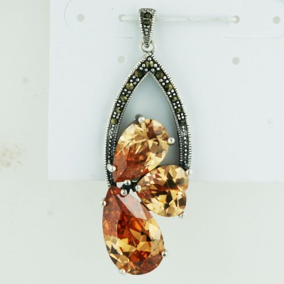 Sterling Silver Pendant Marcasite Marquis with 2 Champagne Cubic Zirconia Tear Drop+1 Heart
