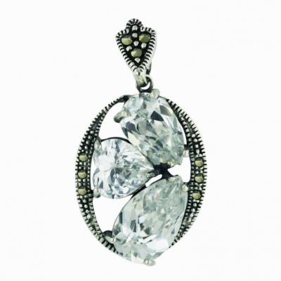Sterling Silver Pendant Marcasite 'O' with 2 Clear Cubic Zirconia Tear Drop+1 Heart