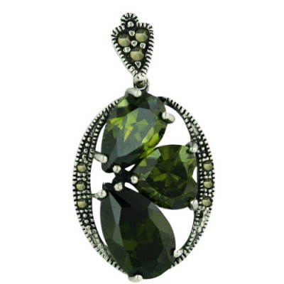 Sterling Silver Pendant Marcasite 'O' with 2 Olivine Cubic Zirconia Tear Drop+1 Heart