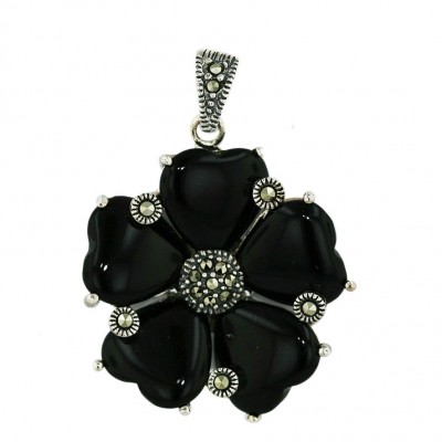 Marcasite Pendant 5 Onyx Heart Petal with Round Marcasite Between