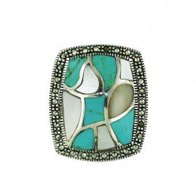 Marcasite Pendant Slider 27X23mm White Mother of Pearl+Faux Turquoise Cushion
