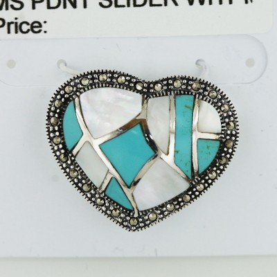 Marcasite Pendant Slider 30X24mm White Mother of Pearl+Faux Turquoise Heart Mix