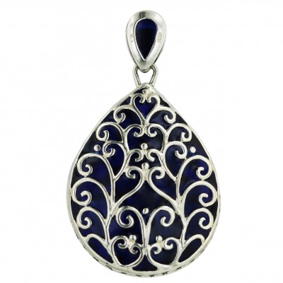 Marcasite Pendant 53X30mm Tear Drop Sapphire Back+Rd Enamel with M
