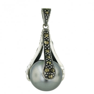 Marcasite Pendant 14mm Gray Faux Pearl Ball with Pave Marcasite Triple