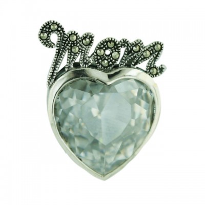 Marcasite Pendant 17mm Clear Cubic Zirconia Heart Bezel Set with "Mom" Top