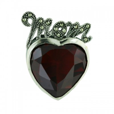 Marcasite Pendant 17mm Garnet Cubic Zirconia Heart Bezel Set with "Mom" Top